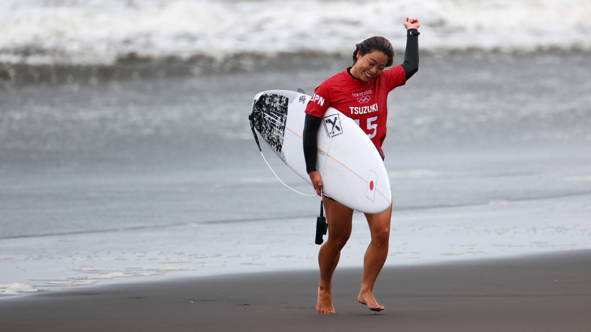 Tokyo 2020 Olympics - Surfing - Women's Shortboard - Quarterfinals - Tsurigasaki Surfing Beach, Tokyo, Japan - July 27, 2021. Amuro Tsuzuki of Japan celebrates after competing in Heat 4 REUTERS/Lisi Niesner