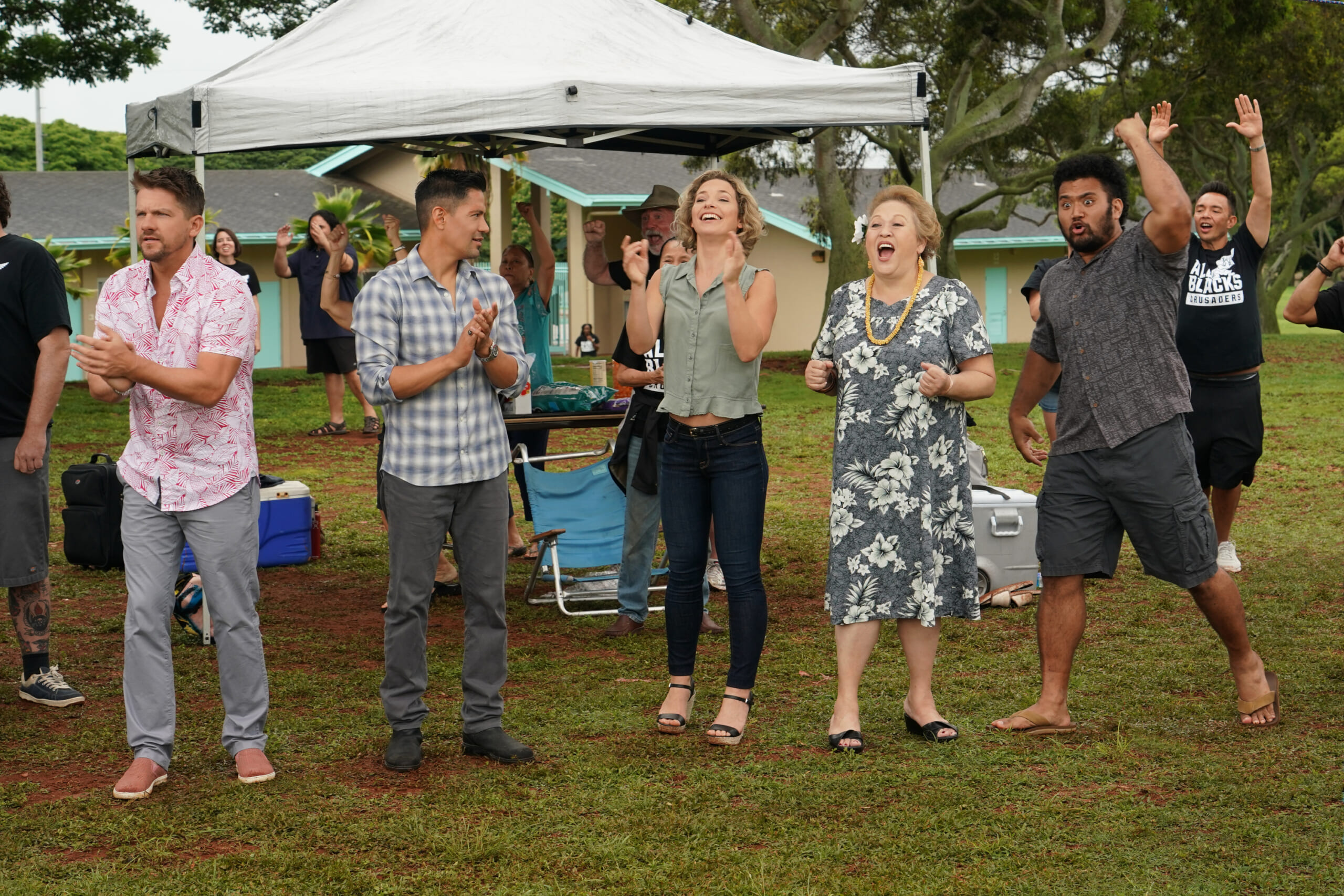 "Sudden Death" -- Coverage of the CBS series MAGNUM P.I., scheduled to air on the CBS Television Network. Pictured L-R: Zachary Knighton as Orville "Rick" Wright, Jay Hernandez as Thomas Magnum, Perdita Weeks as Juliet Higgins, Amy Hill as Teuila "Kumu" Tuileta, and XXX Photo: Karen Neal/CBS ÃÂ©2018 CBS Broadcasting, Inc. All Rights Reserved8